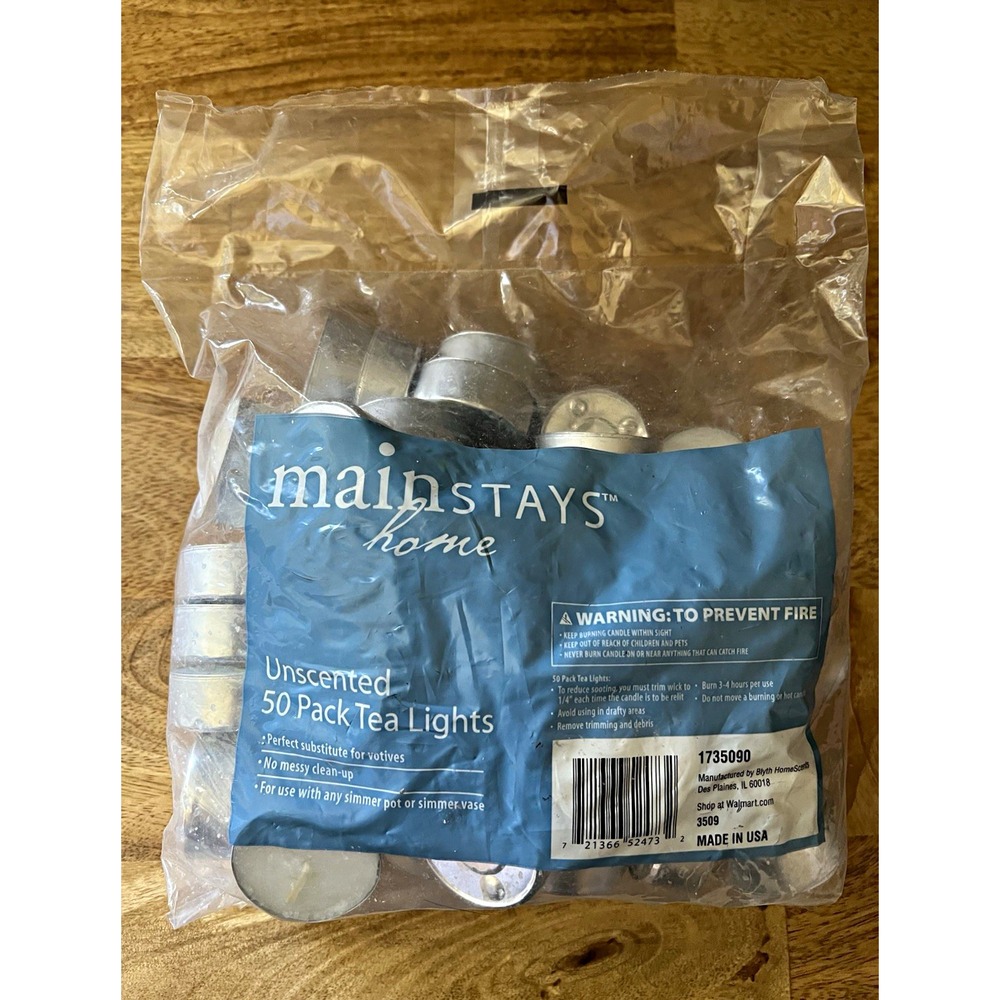 Mainstays Unscented Tea Light Candles 50 Pack White Wax Silver Metal 1735090